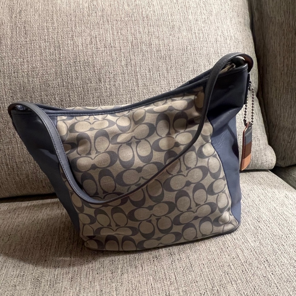Coach Navy and Beige Signature Shoulder Bag